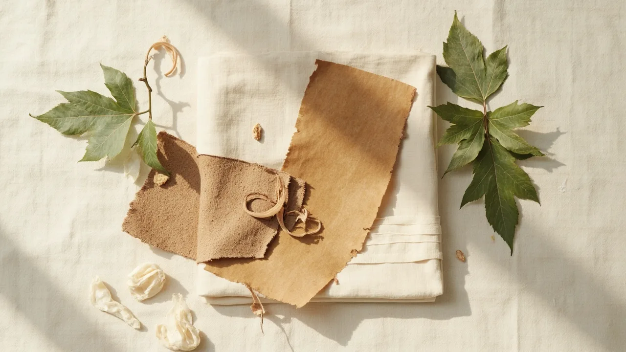 Boyanmamış doğal kumaş ve bitkisel kaynaklı vegan deri örnekleri