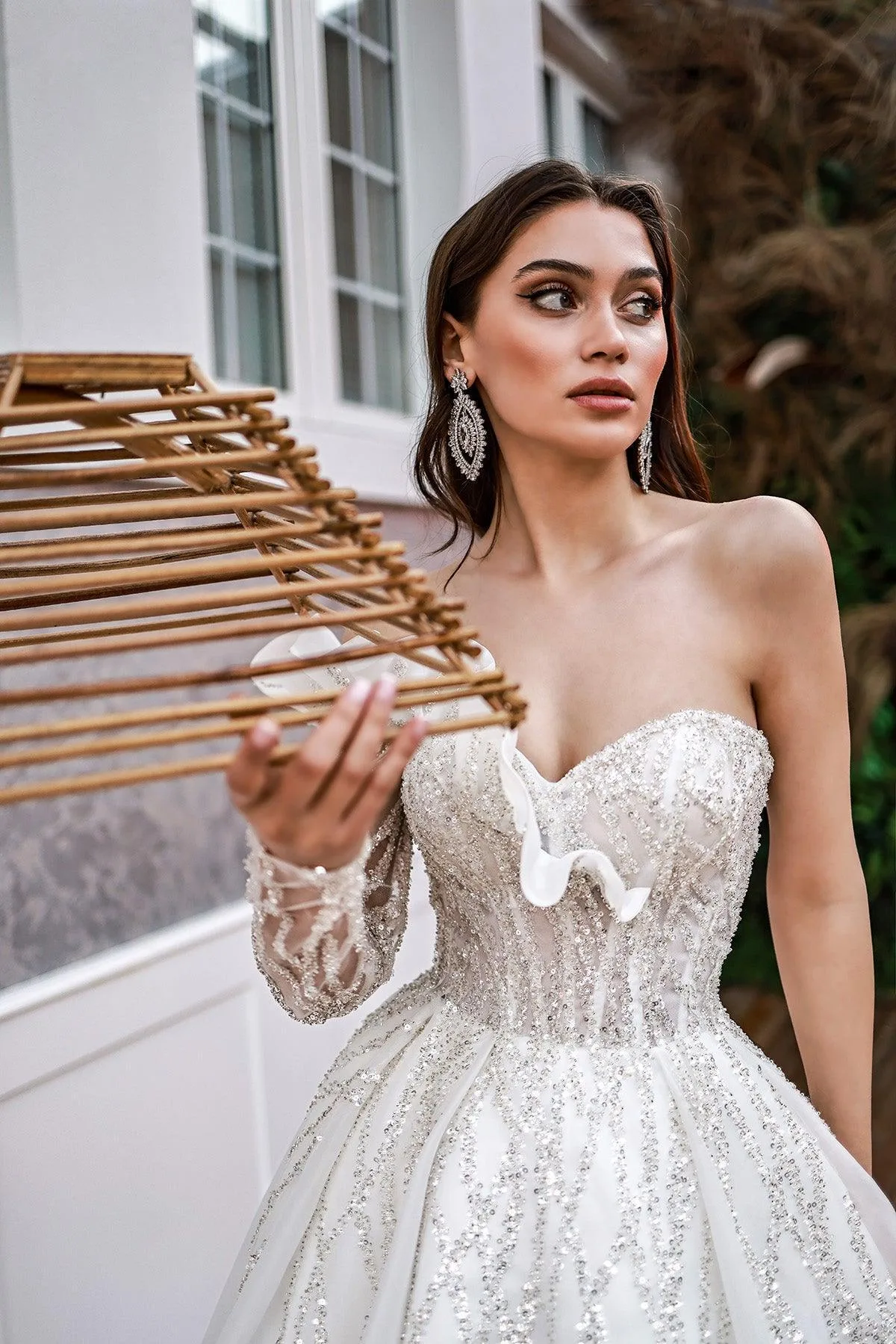 Charlotte Tek Uzun Kollu Gümüş Payetli Prenses Model Gelinlik
