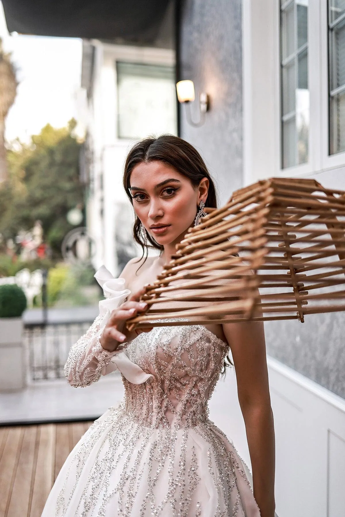 Charlotte Tek Uzun Kollu Gümüş Payetli Prenses Model Gelinlik