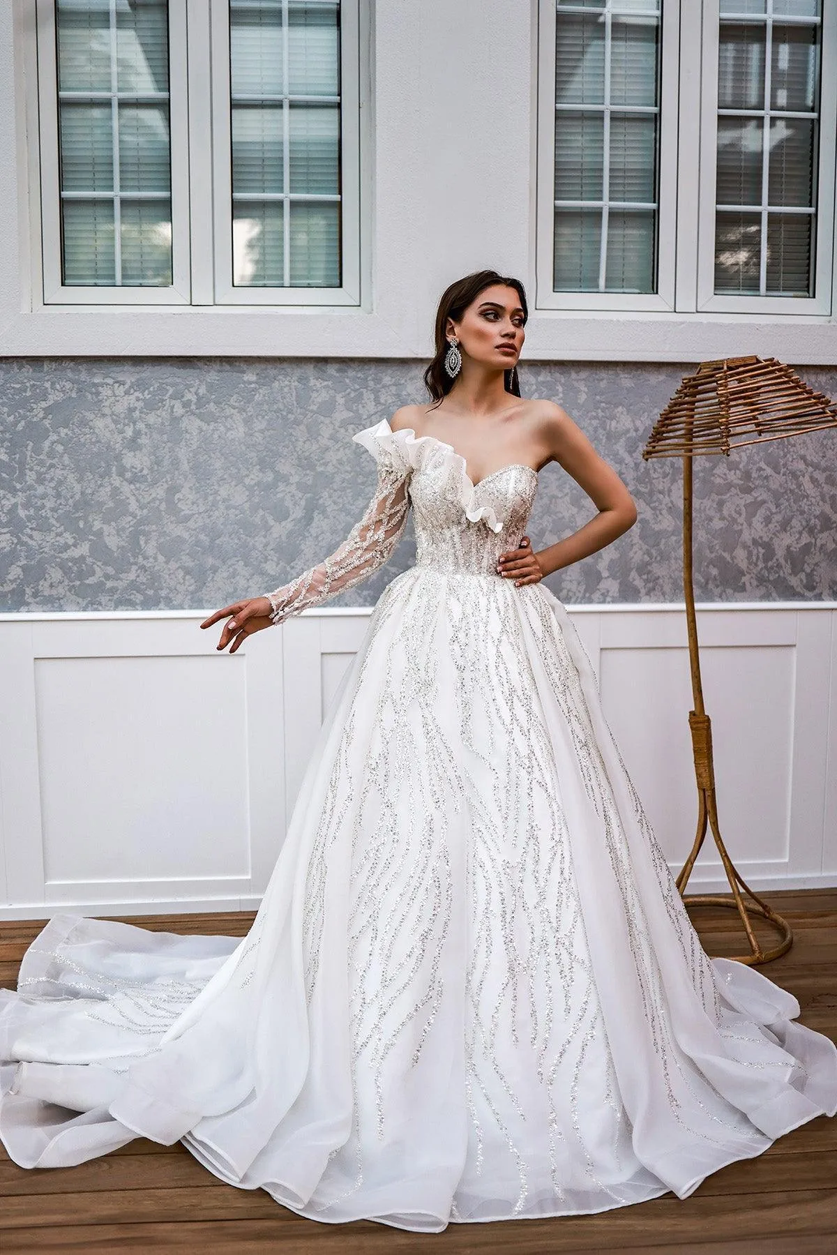 Charlotte Tek Uzun Kollu Gümüş Payetli Prenses Model Gelinlik