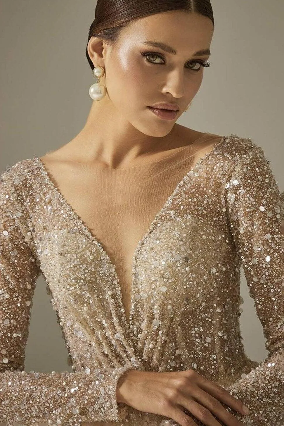 Luxe Kasnak İşi Uzun Kol Prenses Model Gelinlik