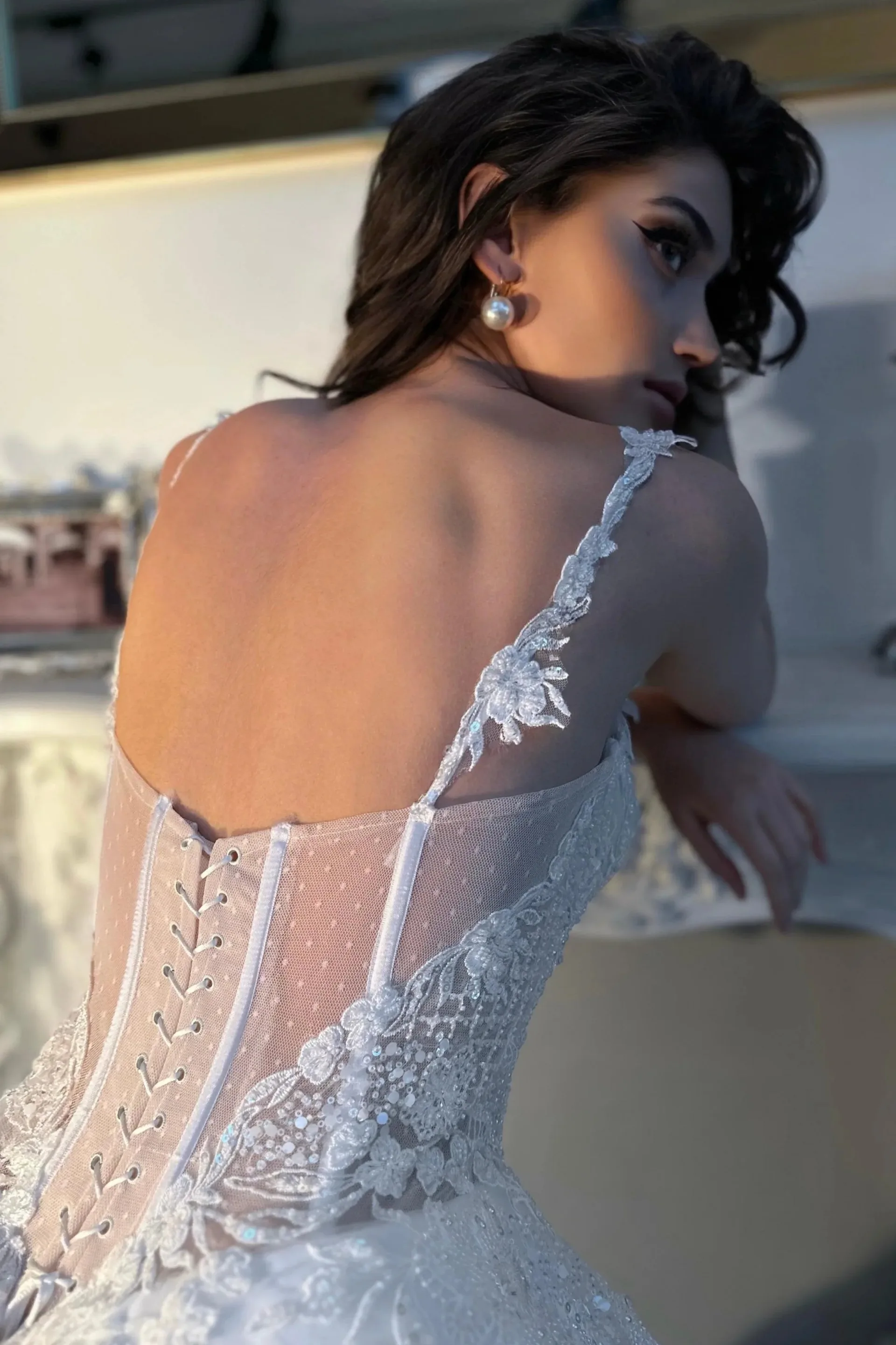 Carmin Dantel Kare Yaka Prenses Model Gelinlik