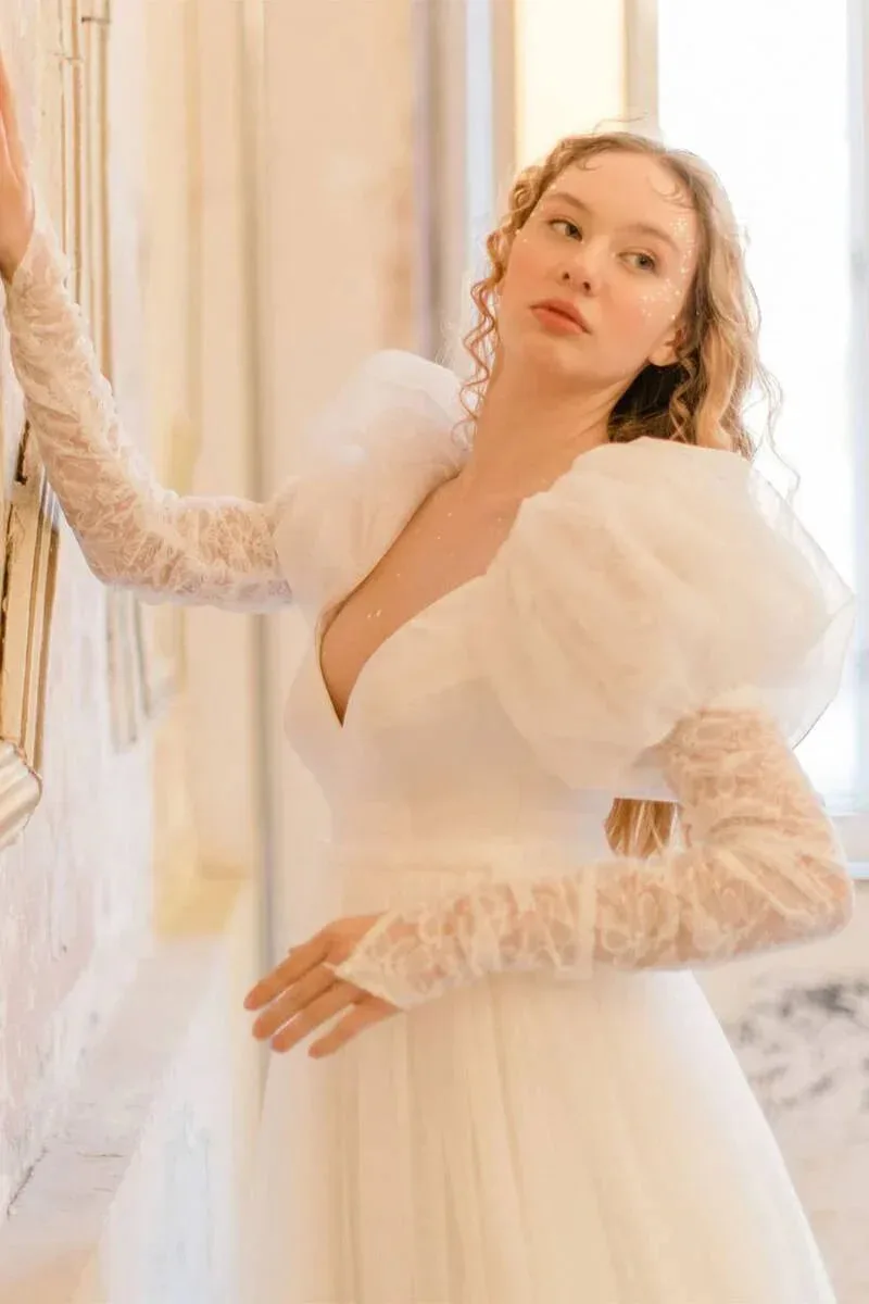 Alice Şifon Balon Kollu Dantel Detaylı Gelinlik