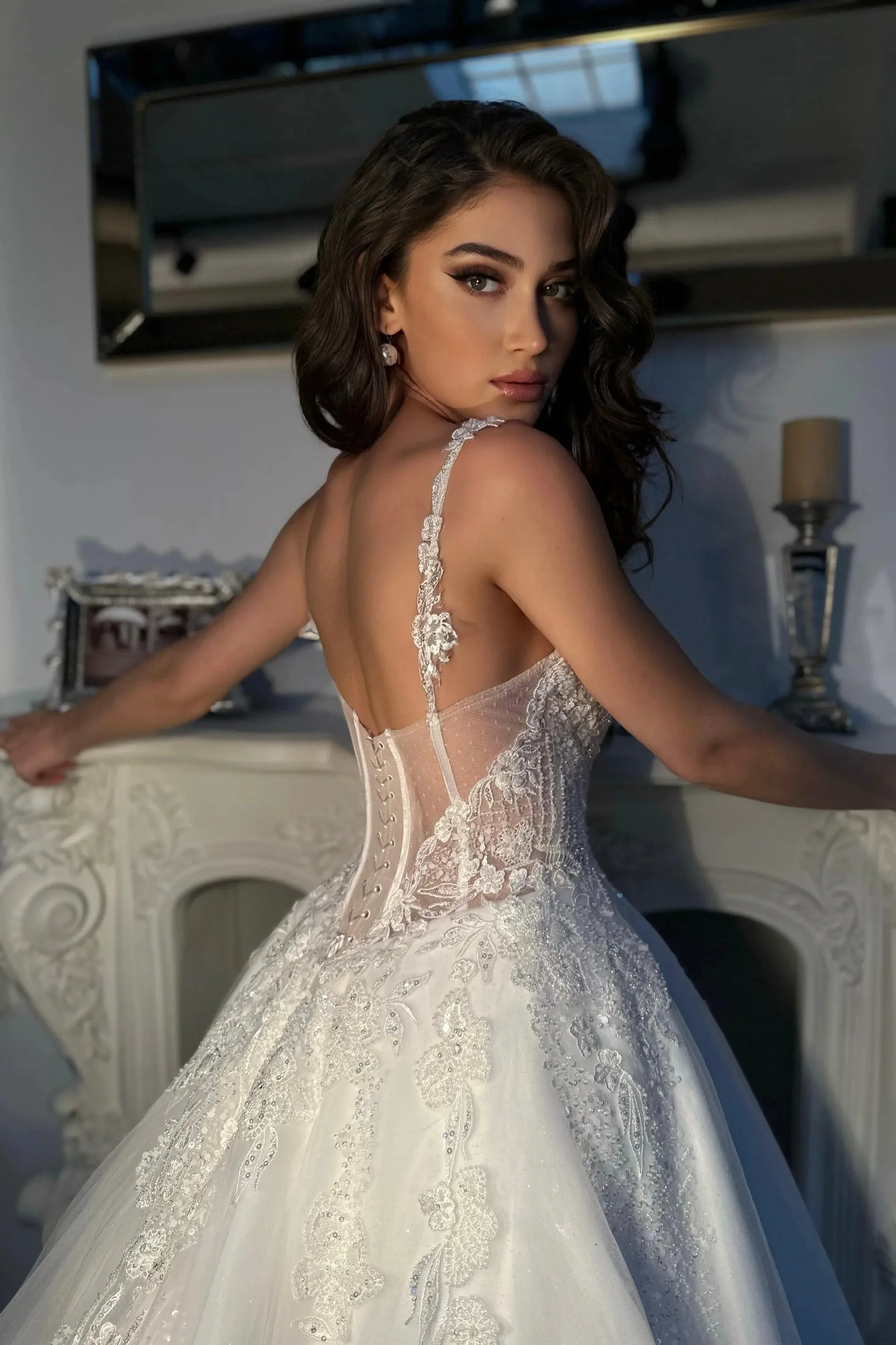 Carmin Dantel Kare Yaka Prenses Model Gelinlik