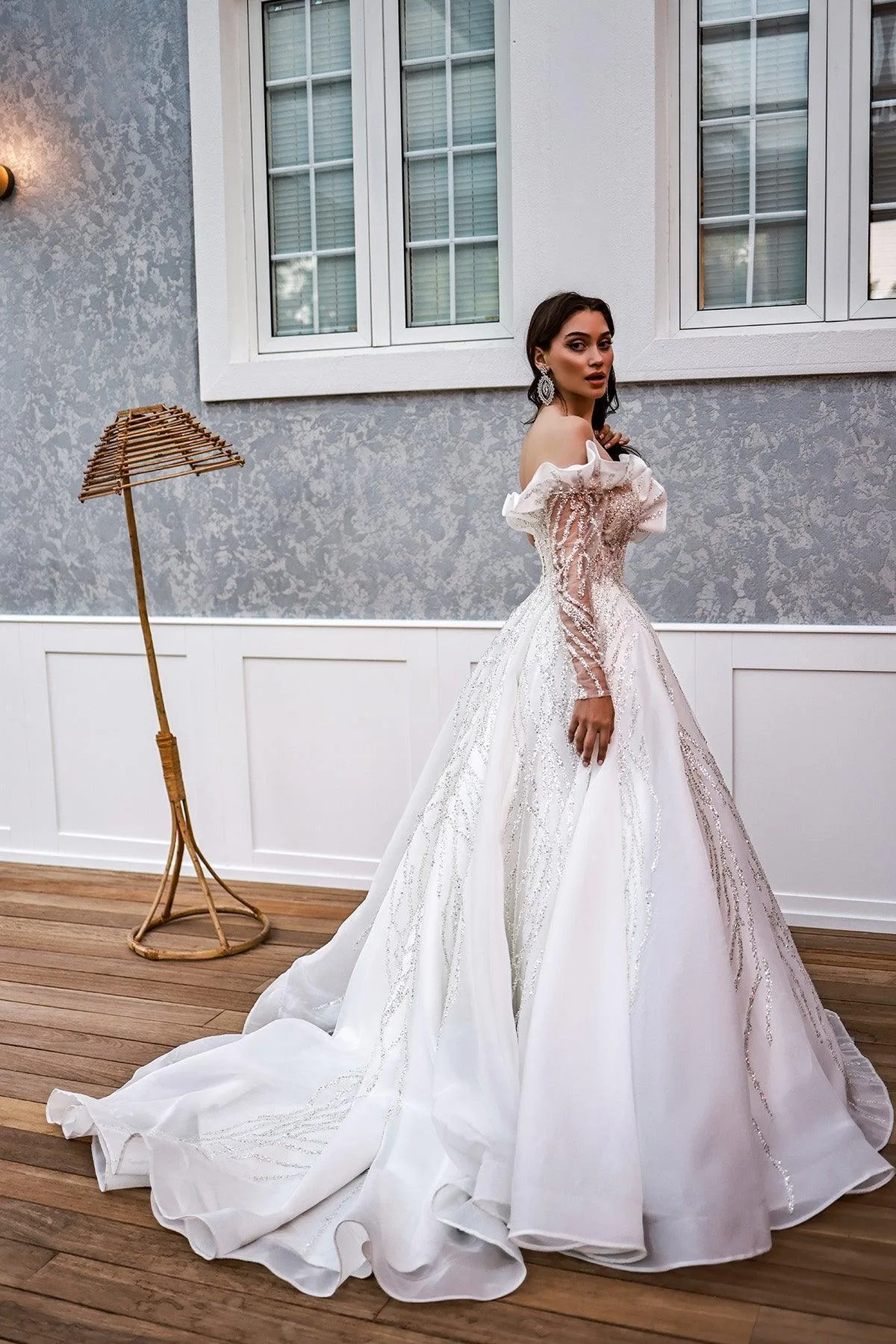 Charlotte Tek Uzun Kollu Gümüş Payetli Prenses Model Gelinlik