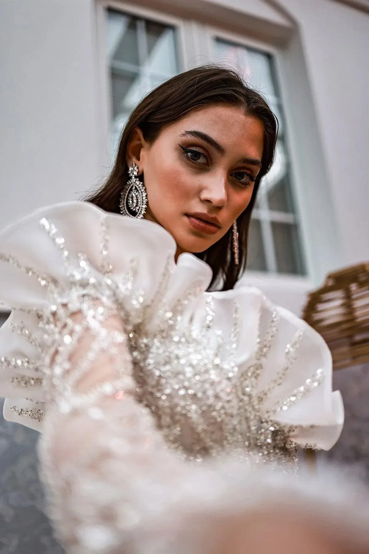 Charlotte Tek Uzun Kollu Gümüş Payetli Prenses Model Gelinlik