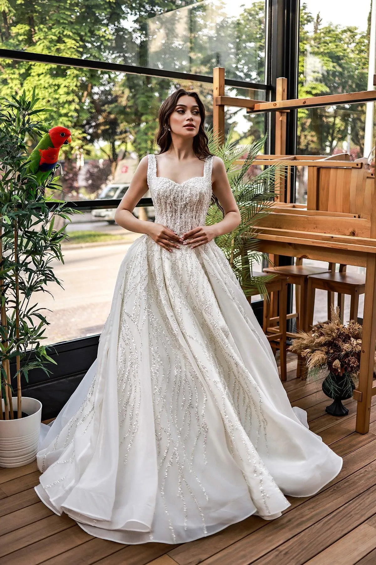 Hagor Askılı Çizgisel Dantelli Prenses Model Gelinlik