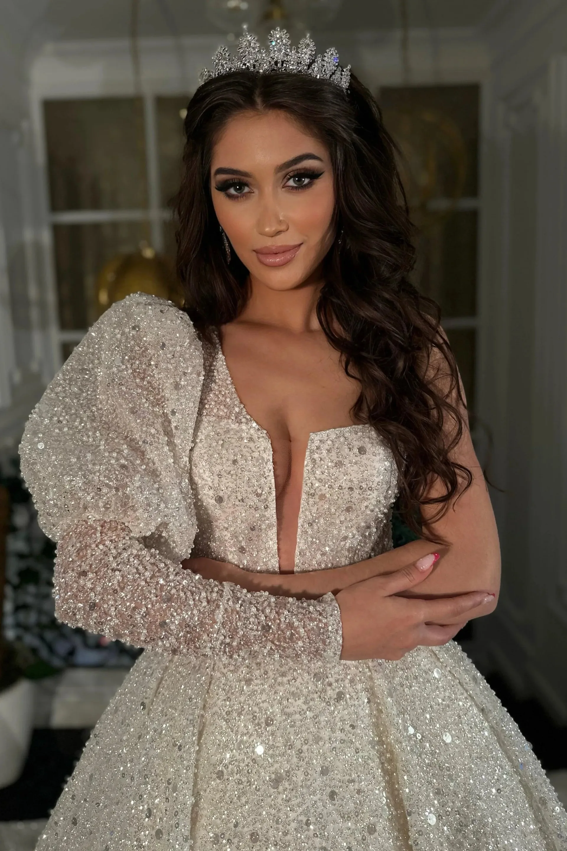 Levana İncili Straplez Prenses Model Gelinlik