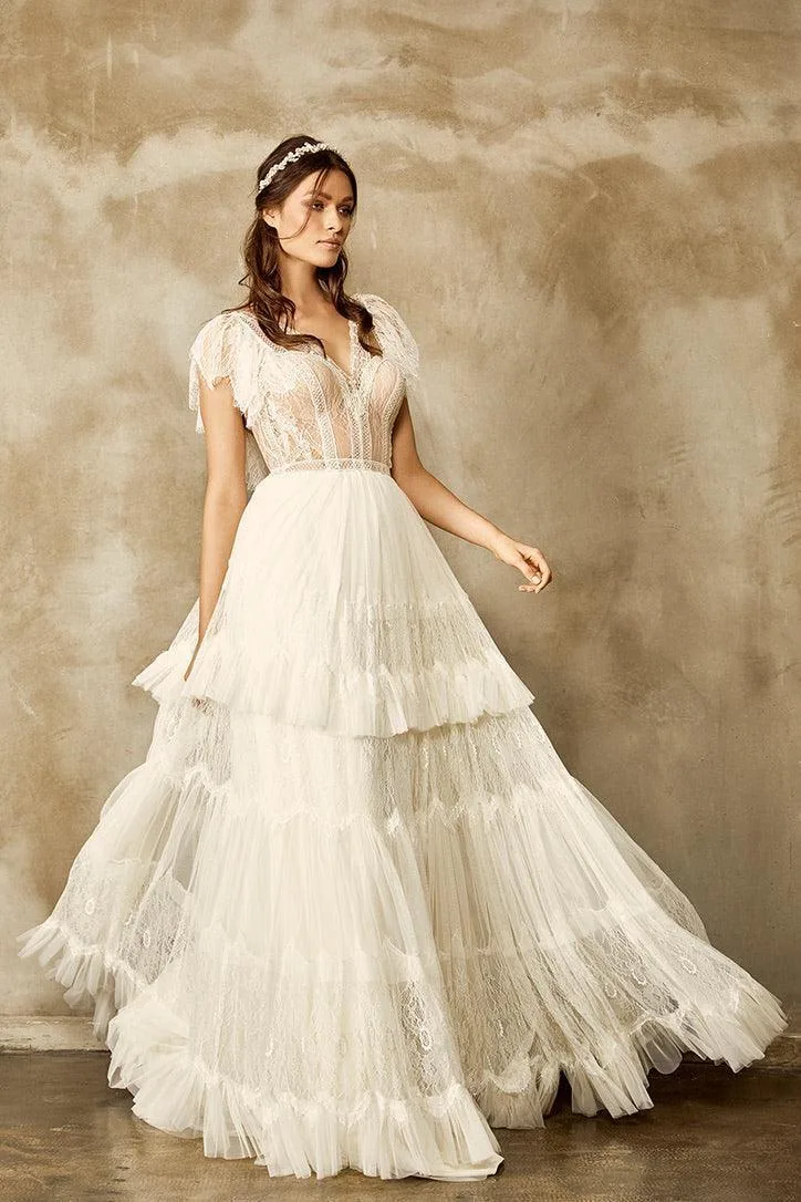 Boho Bride Fırfırlı V Yaka Düz Kesim Gelinlik